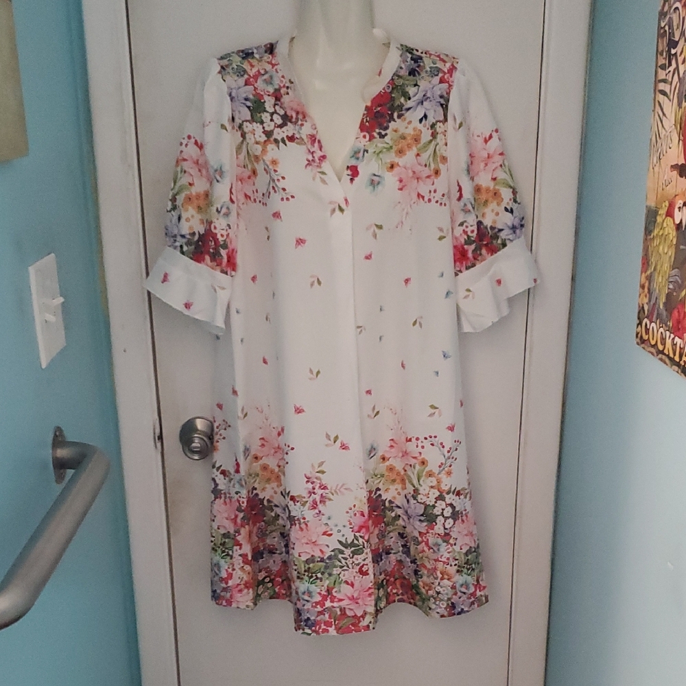 White Floral V-Neck Swing Dress